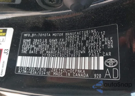 2013 Toyota Corolla S/Le from USA, damaged, VIN 2T1BU4EE8DC978878